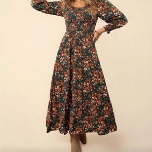 SHEIN Floral Long Sleeve Dress in Green and Orange